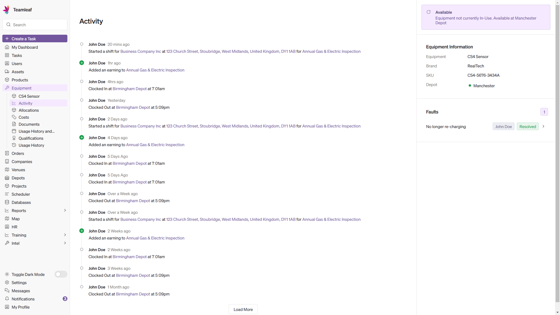Screenshot of Teamleaf 10 Equipment Tracking