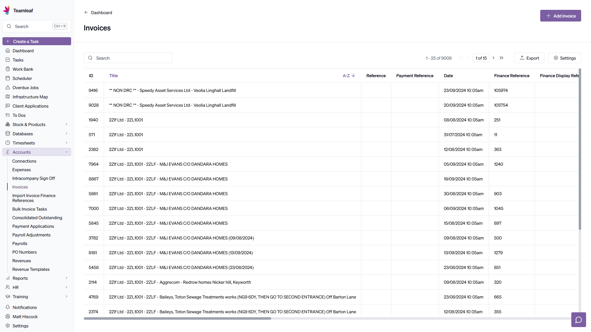 Screenshot of Teamleaf 10 Invoices Table